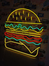 Load image into Gallery viewer, Burger neon light, neon burger light, burger LED sign, neon burger decor, burger shop neon sign, hamburger neon sign, neon food sign, burger bar neon light, neon sign for restaurant.