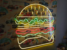 Load image into Gallery viewer, Burger neon light, neon burger light, burger LED sign, neon burger decor, burger shop neon sign, hamburger neon sign, neon food sign, burger bar neon light, neon sign for restaurant.