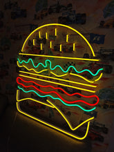 Load image into Gallery viewer, Burger neon light, neon burger light, burger LED sign, neon burger decor, burger shop neon sign, hamburger neon sign, neon food sign, burger bar neon light, neon sign for restaurant.