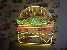 Load image into Gallery viewer, Burger neon light, neon burger light, burger LED sign, neon burger decor, burger shop neon sign, hamburger neon sign, neon food sign, burger bar neon light, neon sign for restaurant.