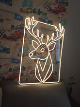 Load image into Gallery viewer, Deer head neon sign, neon deer wall art, hunting lodge neon sign, rustic neon deer, stag neon sign, neon buck sign, neon deer silhouette, wildlife neon sign, cabin decor neon light, neon reindeer sign, deer antlers neon light