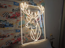 Load image into Gallery viewer, Deer head neon sign, neon deer wall art, hunting lodge neon sign, rustic neon deer, stag neon sign, neon buck sign, neon deer silhouette, wildlife neon sign, cabin decor neon light, neon reindeer sign, deer antlers neon light