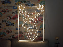 Load image into Gallery viewer, Deer head neon sign, neon deer wall art, hunting lodge neon sign, rustic neon deer, stag neon sign, neon buck sign, neon deer silhouette, wildlife neon sign, cabin decor neon light, neon reindeer sign, deer antlers neon light