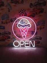 Load image into Gallery viewer, Ice cream with Open neon sign, Ice Cream Led Sign Summer vibes neon sign, Frozen delights neon sign