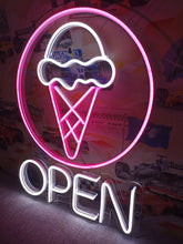 Load image into Gallery viewer, Ice cream with Open neon sign, Ice Cream Led Sign Summer vibes neon sign, Frozen delights neon sign