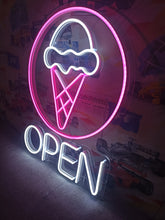 Load image into Gallery viewer, Ice cream with Open neon sign, Ice Cream Led Sign Summer vibes neon sign, Frozen delights neon sign