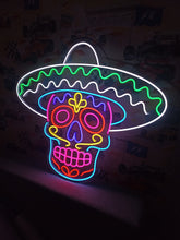 Load image into Gallery viewer, Mariachi Skull Neon Sign, Sombrero Calavera Neon Sign, Charro Skull Neon Sign