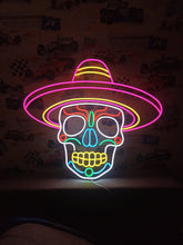 Load image into Gallery viewer, Muertos Sombrero Neon Sign, Mexican Hat Skull Neon Sign, Calavera Neon Sign picture