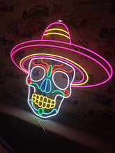 Load image into Gallery viewer, Muertos Sombrero Neon Sign, Mexican Hat Skull Neon Sign, Calavera Neon Sign