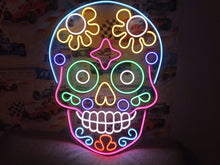 Load image into Gallery viewer, Painted Skull Neon Sign, Muertos Skull Neon Sign, Candy Skull Neon Sign picture