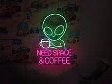Load image into Gallery viewer, Alien Neon Sign, Need Space & Coffee Neon Sign, Alien Mug Neon Sign, Caffeine Martian Neon Sign