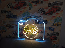 Load image into Gallery viewer, Smile Neon Sign, Camera Neon Sign, Photo Booth Neon Sign