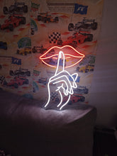 Load image into Gallery viewer, Shushing lips be quiet neon sign, hush finger mouth neon sign 25in