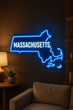 Load image into Gallery viewer, Massachusetts map Neon Sign – Bay State Outline With Historic New England Coastal Glow Accent