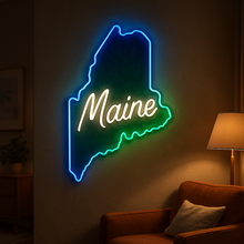 Load image into Gallery viewer, Maine map Neon Sign – Pine Tree State Outline With Coastal Lighthouse Glow Accent