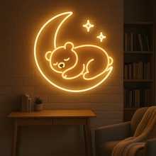 Load image into Gallery viewer, Sleeping Bear On Moon neon sign, Bear On Crescent Moon neon sign, Moon Bear neon sign