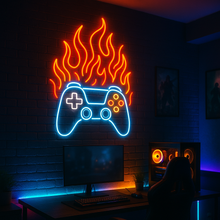 Load image into Gallery viewer, Flaming Gamepad Neon Sign, fiery controller neon sign, gaming joystick fire neon sign, hot gamer neon sign Multicolor