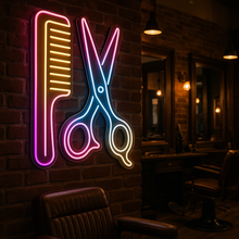 Load image into Gallery viewer, Shears and Comb Neon Sign, Barber Shop Neon Sign, Hair Stylist Neon Sign