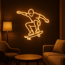 Load image into Gallery viewer, Skateboarder in Air Neon Sign, skate trick neon sign, ollie jump neon sign, freestyle skating neon sign
