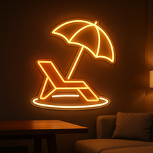 Load image into Gallery viewer, Beach Chair & Umbrella Neon – Poolside Lounge Silhouette | Resort Parasol Graphics Art Orange