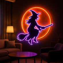 Load image into Gallery viewer, Witch on Broom Neon Sign – Spooky Halloween Neon Light for Party, Bar or Home Decor