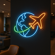 Load image into Gallery viewer, Airplane Globe Neon Sign, Pilot Travel Neon Sign, Jet Around World Neon Sign Multicolor