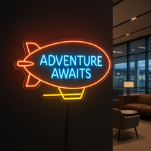 Load image into Gallery viewer, Adventure Awaits Neon Sign, Airship Quote Neon Sign, Blimp Adventure Neon Sign