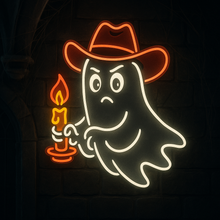 Load image into Gallery viewer, Ghost with Candle Neon Sign, Spooky Phantom Neon Sign, Spirit in Hat Neon Sign