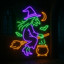 Load image into Gallery viewer, Witch on Broom Neon Sign, Flying Sorceress Neon Sign, Wicked Cauldron Neon Sign Purple