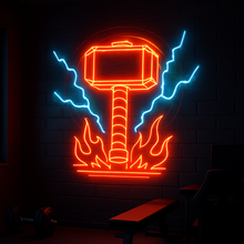 Load image into Gallery viewer, Mjolnir Hammer Neon Sign, Viking Thunder Neon Sign, Flaming Mallet Neon Sign