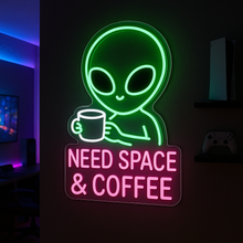 Load image into Gallery viewer, Alien Neon Sign, Need Space & Coffee Neon Sign, Alien Mug Neon Sign, Caffeine Martian Neon Sign