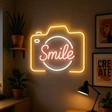 Load image into Gallery viewer, Smile Neon Sign, Camera Neon Sign, Photo Booth Neon Sign