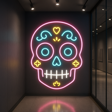Load image into Gallery viewer, Folk Art Skull Neon Sign, Sugar Skull Neon Sign, Muertos Neon Sign picture