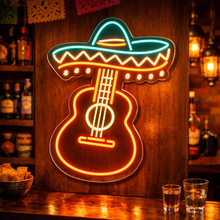 Load image into Gallery viewer, Sombrero Guitar Neon Sign, Mexican Cantina Neon Sign, Mariachi Music Neon Sign Multicolor