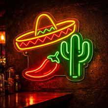 Load image into Gallery viewer, Sombrero Cactus Chili Neon Sign, Mexican Fiesta Icons Neon Sign, Chili Pepper Cactus Neon Sign Multicolor
