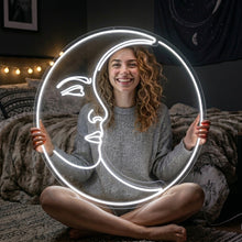 Load image into Gallery viewer, Moon Face Neon Sign, Crescent Moon Face Neon Sign, Man in the Moon Neon Sign White