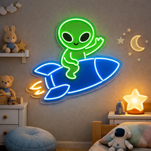 Load image into Gallery viewer, Alien riding rocket neon sign, extraterrestrial on rocket neon sign Multicolor