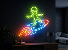 Load image into Gallery viewer, Alien surfing rocket neon sign, Space surfer neon sign, Rocket surfer neon sign Multicolor