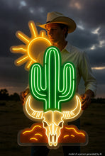 Load image into Gallery viewer, Bull Skull and Cactus Neon Sign, Steer Skull Saguaro Neon Sign Multicolor