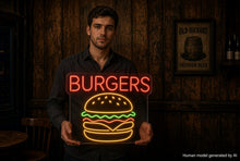 Load image into Gallery viewer, Burgers Neon Sign, Hamburger Neon Sign Red