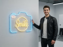 Load image into Gallery viewer, Smile Neon Sign, Camera Neon Sign, Photo Booth Neon Sign