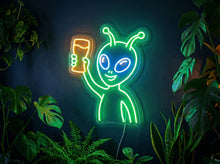 Load image into Gallery viewer, Alien with glass neon sign, Drinking alien neon sign, Space drink neon sign