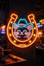 Load image into Gallery viewer, Cowboy cat horseshoe neon sign, Lucky cat neon sign, Western cat neon sign Multicolor