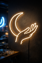 Load image into Gallery viewer, Crescent moon hand neon sign, Moon in palm neon sign, Celestial hand neon sign