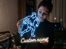 Load image into Gallery viewer, Rugby Player Custom Name neon sign, Rugby Ball neon sign, Rugby Silhouette neon sign