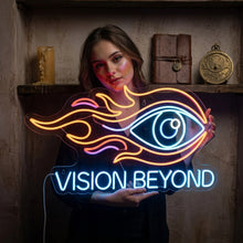 Load image into Gallery viewer, Vision Beyond Neon Sign, Flaming Eye Neon Sign, Vision Quote Neon Sign turquoise