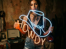 Load image into Gallery viewer, Howdy neon sign, cowboy hat sign, western led sign, North American greeting neon light, cowboy party decor led light