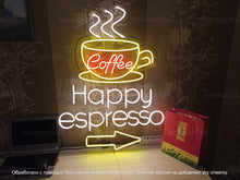 Load image into Gallery viewer, Coffee neon sign, Happy espresso neon sign, Espresso lover's neon sign, Charming coffee cup neon, Cafeteria neon wall decor, Coffee cafeneon