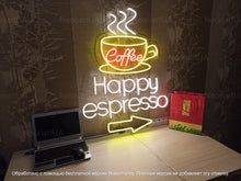 Load image into Gallery viewer, Coffee neon sign, Happy espresso neon sign, Espresso lover's neon sign, Charming coffee cup neon, Cafeteria neon wall decor, Coffee cafeneon