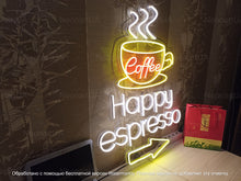 Load image into Gallery viewer, Coffee neon sign, Happy espresso neon sign, Espresso lover's neon sign, Charming coffee cup neon, Cafeteria neon wall decor, Coffee cafeneon